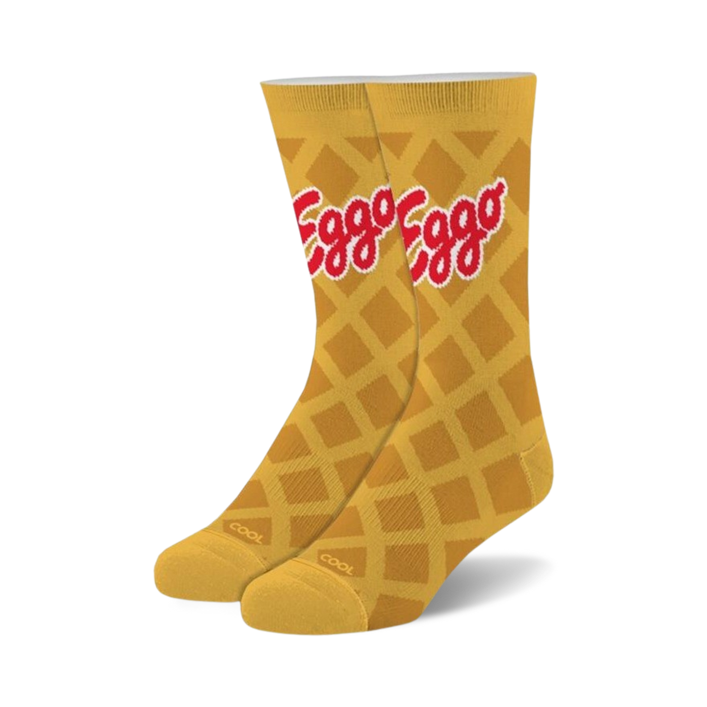 Pair of fuzzy crew socks. Golden yellow waffle pattern with a red Eggo logo.