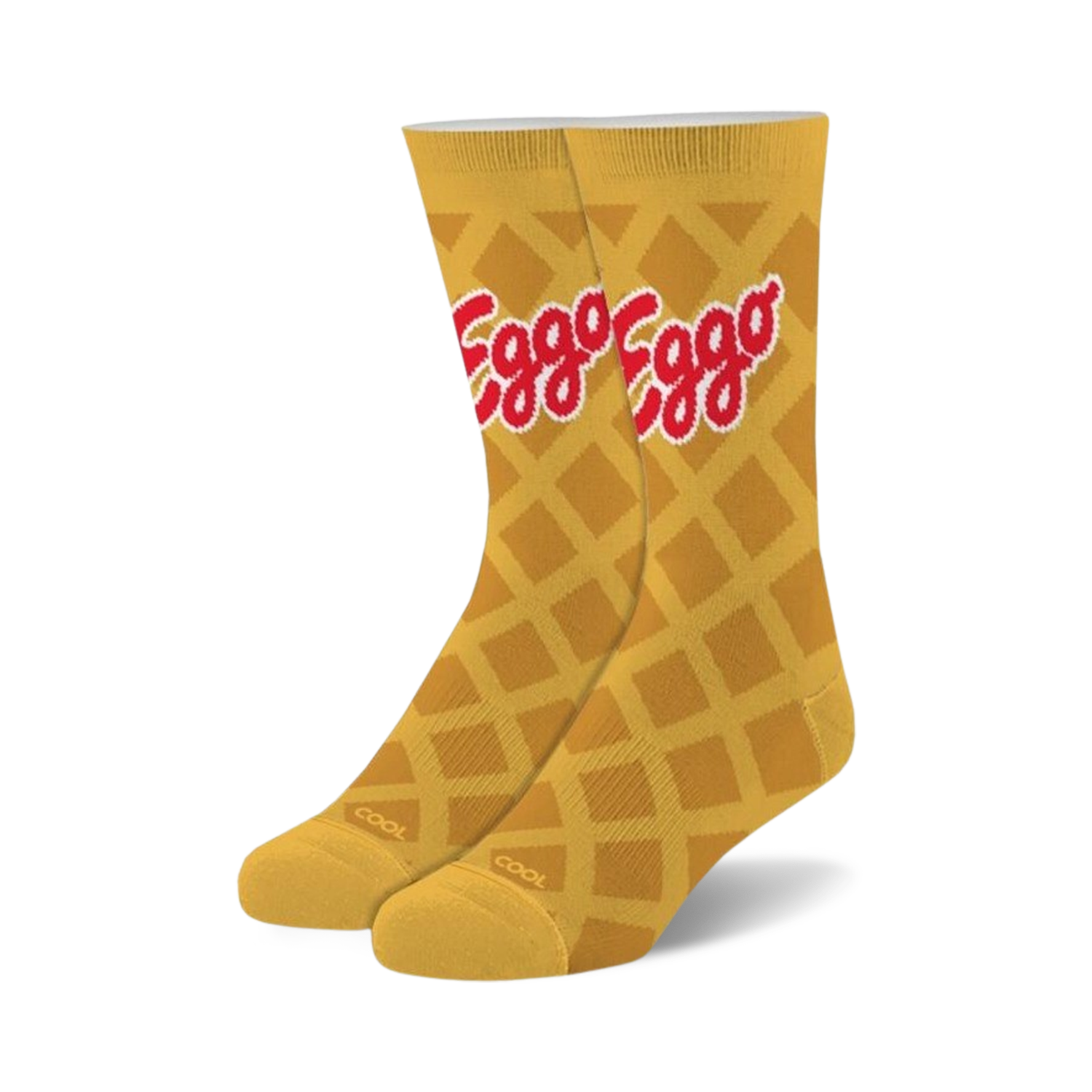 Pair of fuzzy crew socks. Golden yellow waffle pattern with a red Eggo logo.