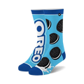 Crew socks in light blue featuring an Oreo cookie pattern and large Oreo logo.