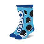 Crew socks in light blue featuring an Oreo cookie pattern and large Oreo logo.