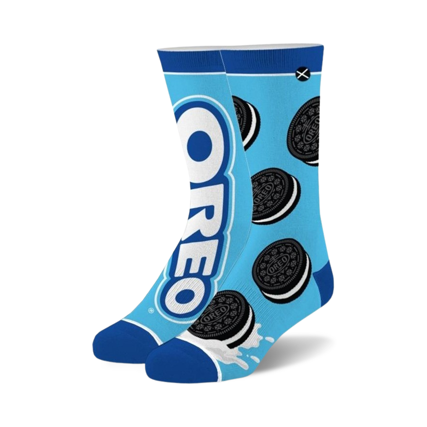 Crew socks in light blue featuring an Oreo cookie pattern and large Oreo logo.