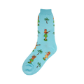 Crew socks in light blue featuring a repeating pattern of hula dancers in green skirts and palm trees.