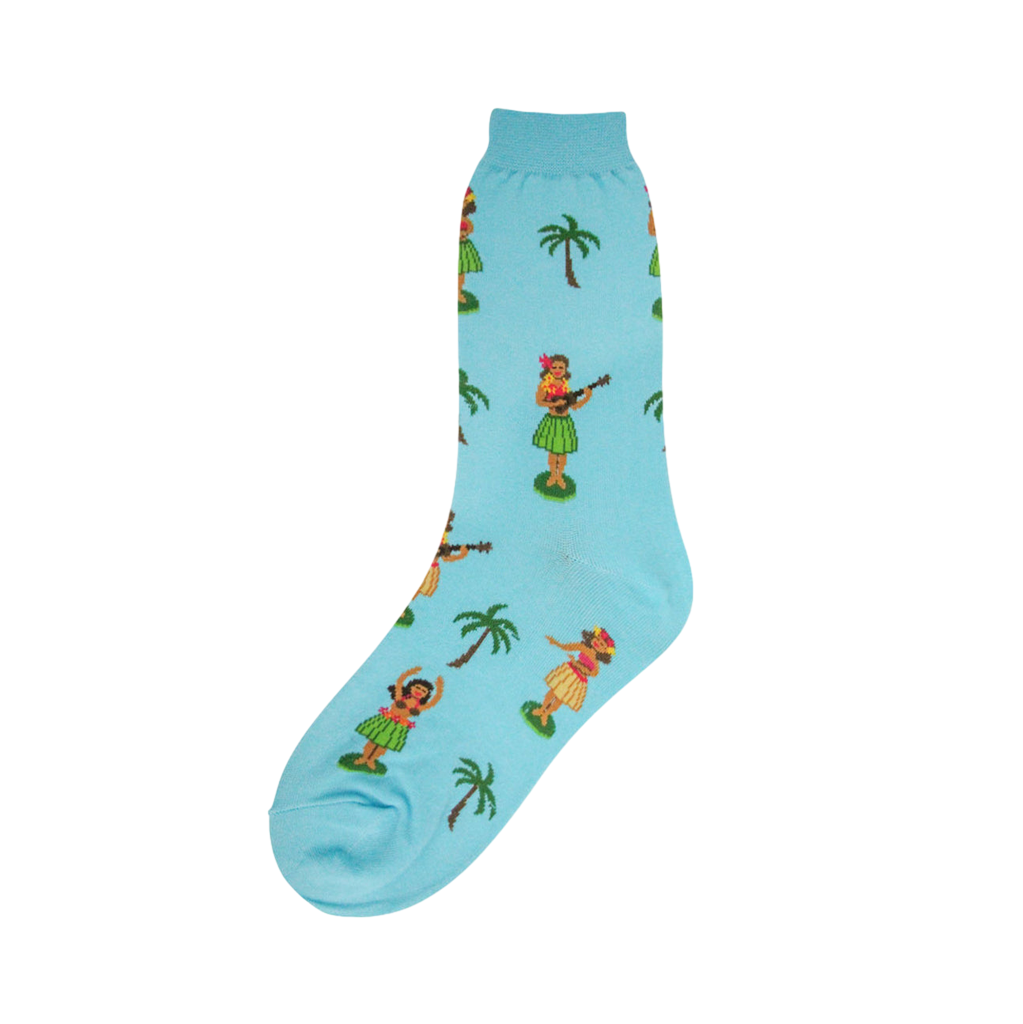 Crew socks in light blue featuring a repeating pattern of hula dancers in green skirts and palm trees.