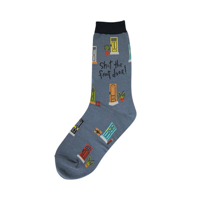 shut the front door funny themed womens blue novelty crew socks