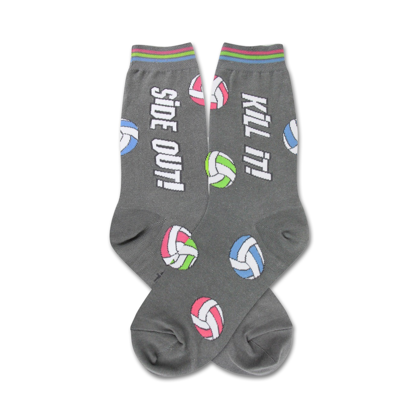 Gray crew socks with colorful volleyball graphic and 'Side Out!' and 'Kill It!' text.