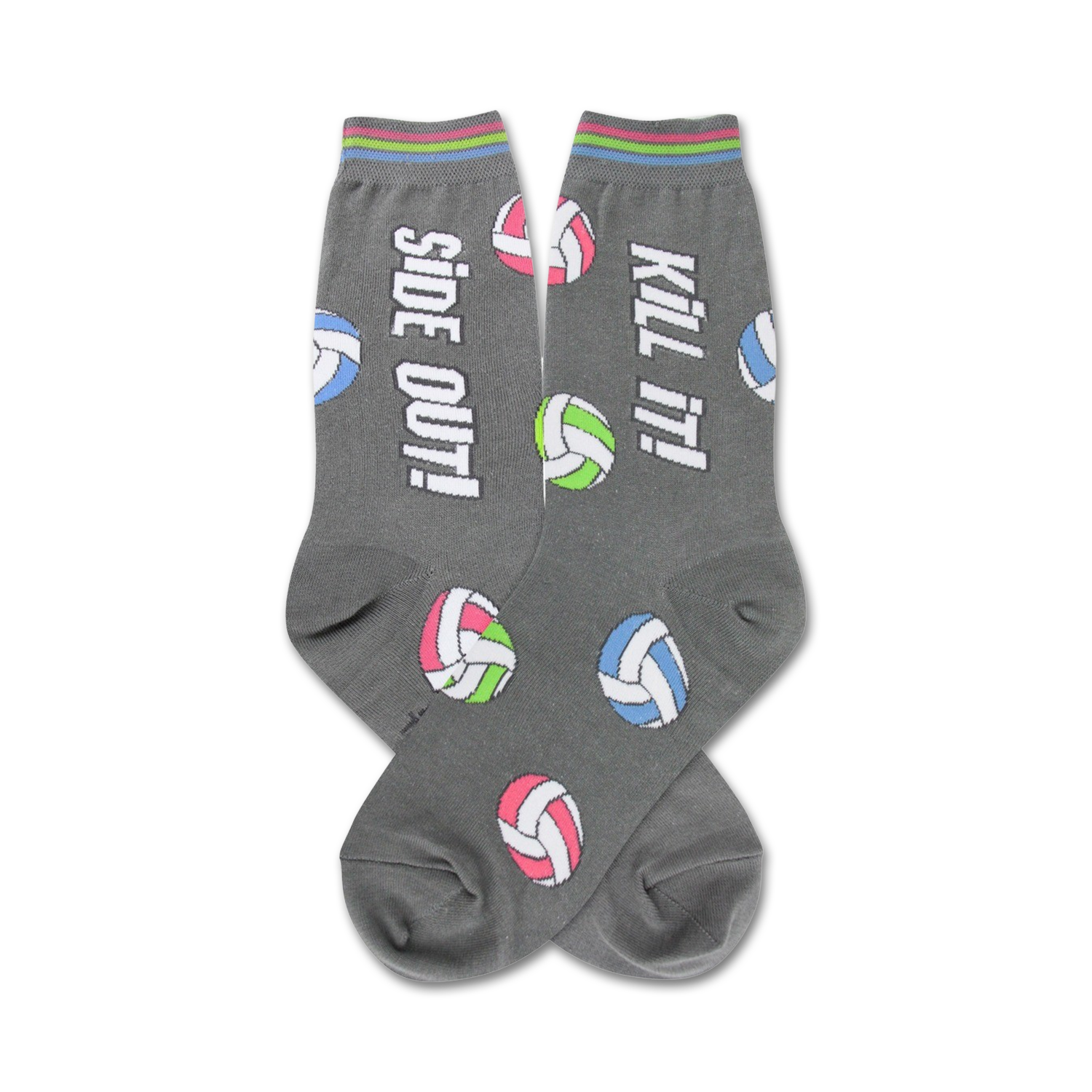 Gray crew socks with colorful volleyball graphic and 'Side Out!' and 'Kill It!' text.