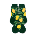Pair of dark green crew socks with a pattern of yellow lemons and green leaves. The phrase 'Squeeze the Day' is printed on the socks.