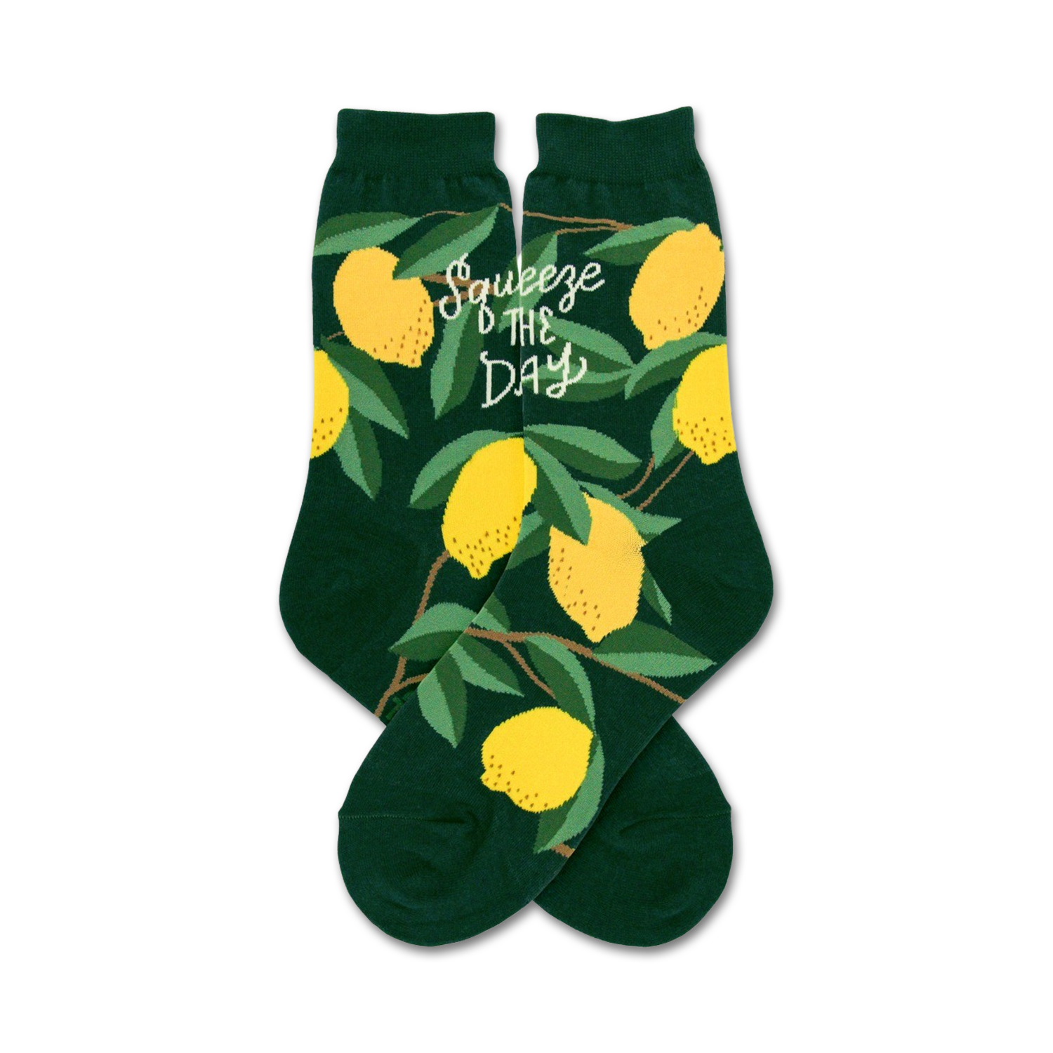 Pair of dark green crew socks with a pattern of yellow lemons and green leaves. The phrase 'Squeeze the Day' is printed on the socks.