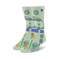 Pair of crew socks with a hundred-dollar bill pattern.  The socks are predominantly light green with Benjamin Franklin's portrait, blue and green stripes, and orange-gold seal details.