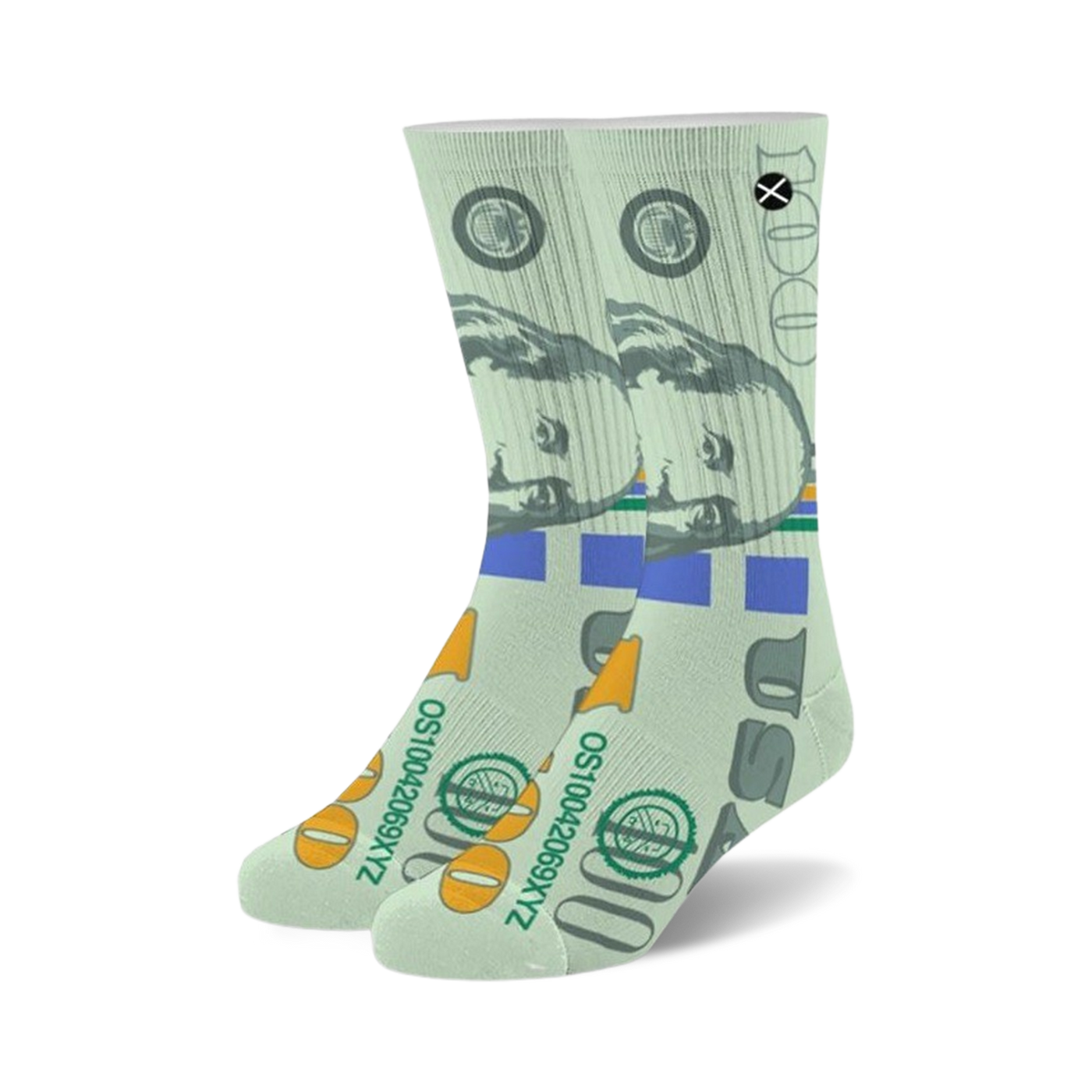 Pair of crew socks with a hundred-dollar bill pattern.  The socks are predominantly light green with Benjamin Franklin's portrait, blue and green stripes, and orange-gold seal details.