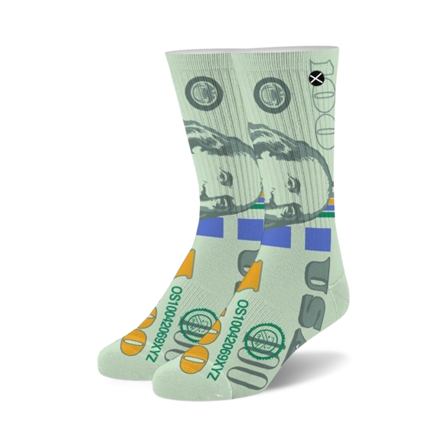 Pair of crew socks with a hundred-dollar bill pattern.  The socks are predominantly light green with Benjamin Franklin's portrait, blue and green stripes, and orange-gold seal details.