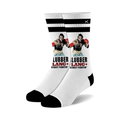 Pair of white crew socks with black stripes at the top.  The socks feature a graphic of Clubber Lang boxing. 