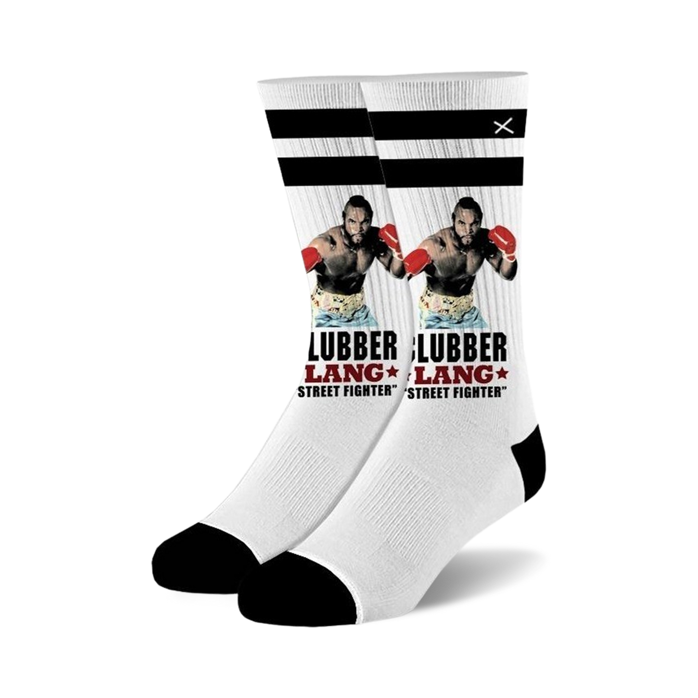 Pair of white crew socks with black stripes at the top.  The socks feature a graphic of Clubber Lang boxing. 