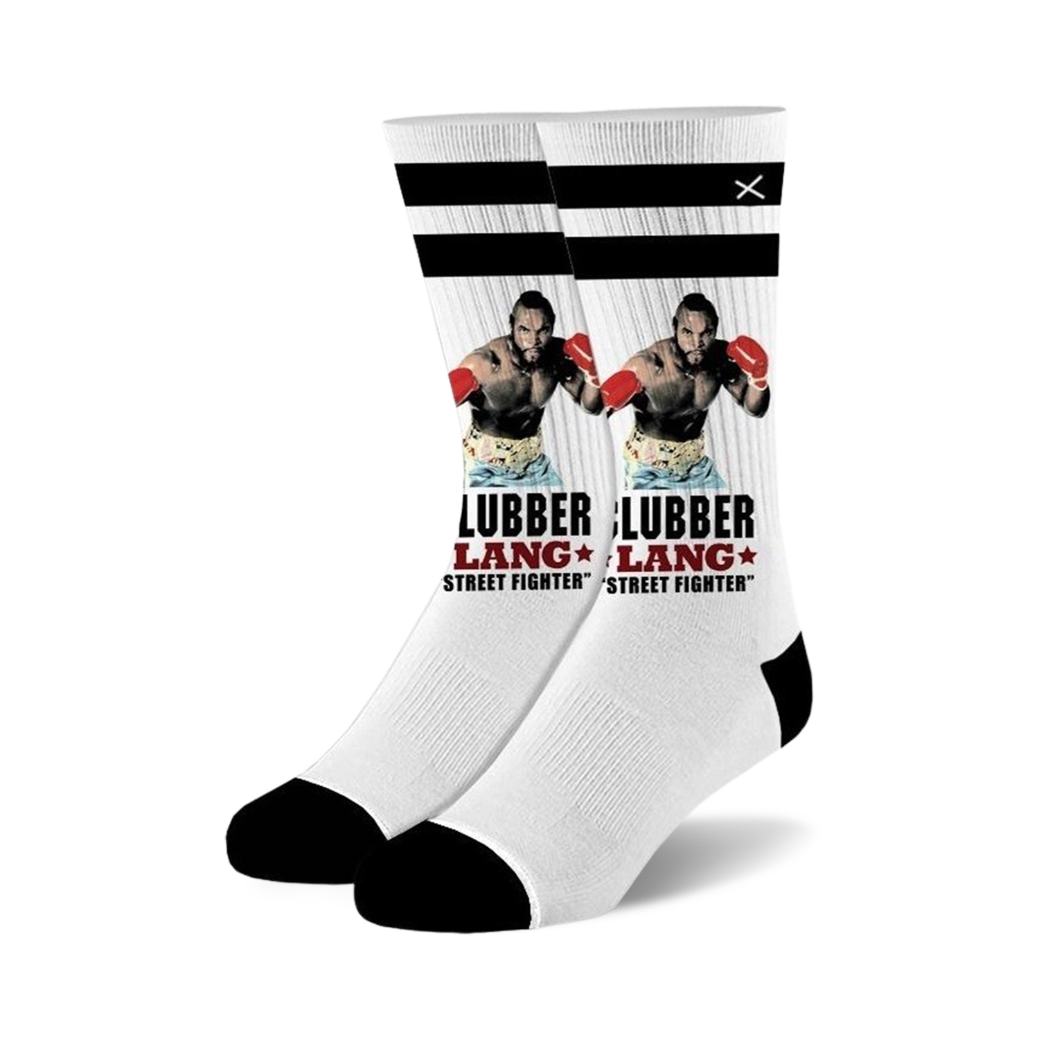 Pair of white crew socks with black stripes at the top.  The socks feature a graphic of Clubber Lang boxing. 