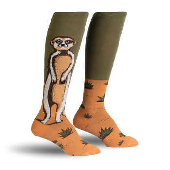 Pair of knee-high socks; olive green and orange; meerkat illustration; sandy background with small green plants.