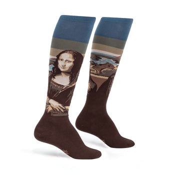 Pair of brown knee-high socks with a Mona Lisa image and muted blue-green stripes near the top.
