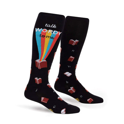 talk wordy to me books themed womens black novelty knee high^wide calf socks