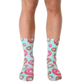 Crew socks in pastel mint green featuring a pattern of pink, brown, and white donuts with sprinkles. [lf]