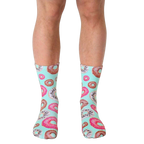 Crew socks in pastel mint green featuring a pattern of pink, brown, and white donuts with sprinkles. [lf]