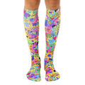 Pair of bright, multicolored knee-high socks with a 70s-inspired design featuring peace signs, smiley faces, rainbows, and the word 'love'. [lf]
