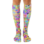 Pair of bright, multicolored knee-high socks with a 70s-inspired design featuring peace signs, smiley faces, rainbows, and the word 'love'. [lf]
