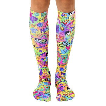 hippie vibes funky themed womens multi novelty knee high socks