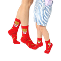 Red crew socks with French fry design. Adult socks show 'Large Fry', kid socks show 'Small Fry'. [lf]