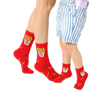 Red crew socks with French fry design. Adult socks show 'Large Fry', kid socks show 'Small Fry'. [lf]