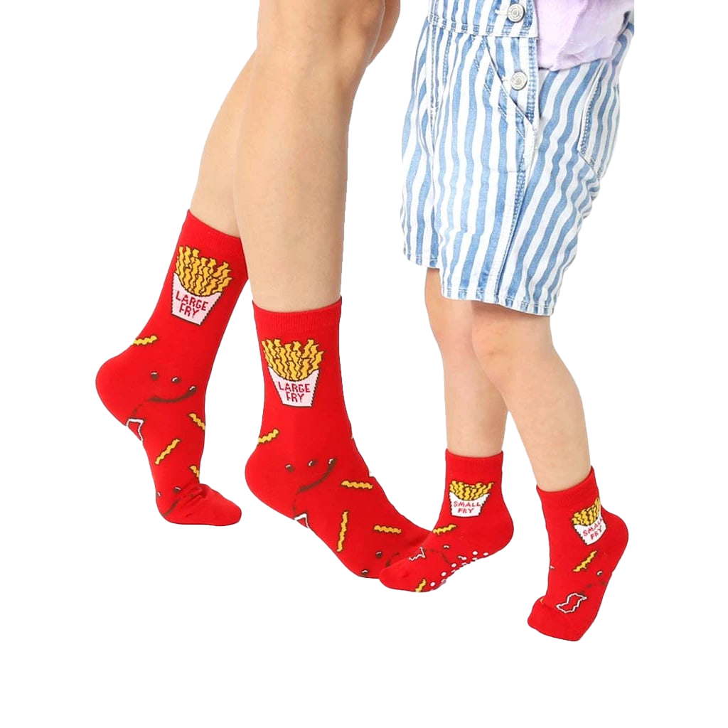 Red crew socks with French fry design. Adult socks show 'Large Fry', kid socks show 'Small Fry'. [lf]