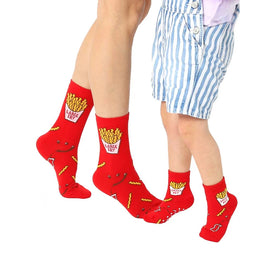large fry and small fry me and mini food & drink themed mens & womens unisex red novelty crew socks