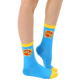 Flat lay of adult 'Super Dad' socks. Blue with yellow cuff and graphic. [lf]