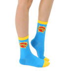 Flat lay of adult 'Super Dad' socks. Blue with yellow cuff and graphic. [lf]