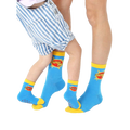 Adult and child crew socks. Blue with yellow cuffs. 'Super Dad' and 'Sidekick' graphics. [lf]