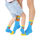 Adult and child crew socks. Blue with yellow cuffs. 'Super Dad' and 'Sidekick' graphics. [lf]