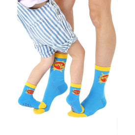 super dad me and mini fathers day themed  blue novelty crew socks