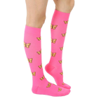 Side view of pink knee-high socks with yellow butterfly pattern worn on a person's leg. [lf]