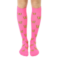 Pair of pink knee-high compression socks with a repeating pattern of small yellow butterflies. [lf]