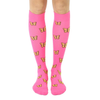 Pair of pink knee-high compression socks with a repeating pattern of small yellow butterflies. [lf]
