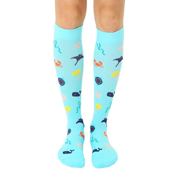 under the sea compression animal themed mens & womens unisex blue novelty knee high socks