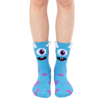 fuzzy monster non-skid slipper monster themed mens & womens unisex blue novelty crew socks