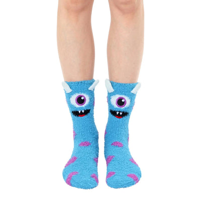 fuzzy monster non-skid slipper monster themed mens & womens unisex blue novelty crew socks