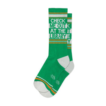 check me out at the library art & literature themed mens & womens unisex green novelty crew^xl socks