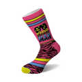 Crew socks in pink with a black zebra stripe pattern, featuring a graphic of Randy Savage and the words 'Macho Man'.