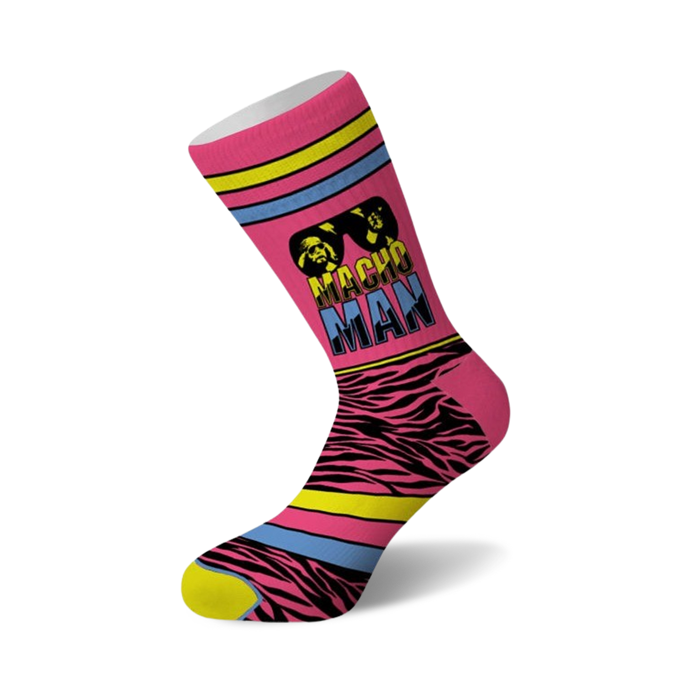 Crew socks in pink with a black zebra stripe pattern, featuring a graphic of Randy Savage and the words 'Macho Man'.
