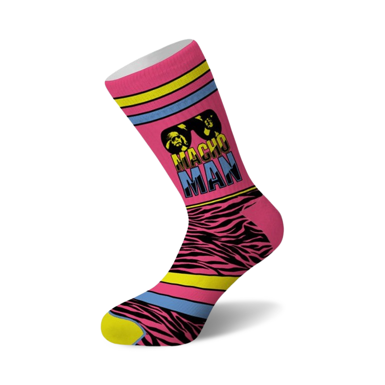 Crew socks in pink with a black zebra stripe pattern, featuring a graphic of Randy Savage and the words 'Macho Man'.