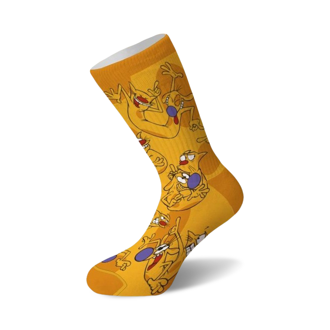 Crew socks, predominantly yellow, featuring an all-over print of Cat and Dog from the Nickelodeon cartoon.