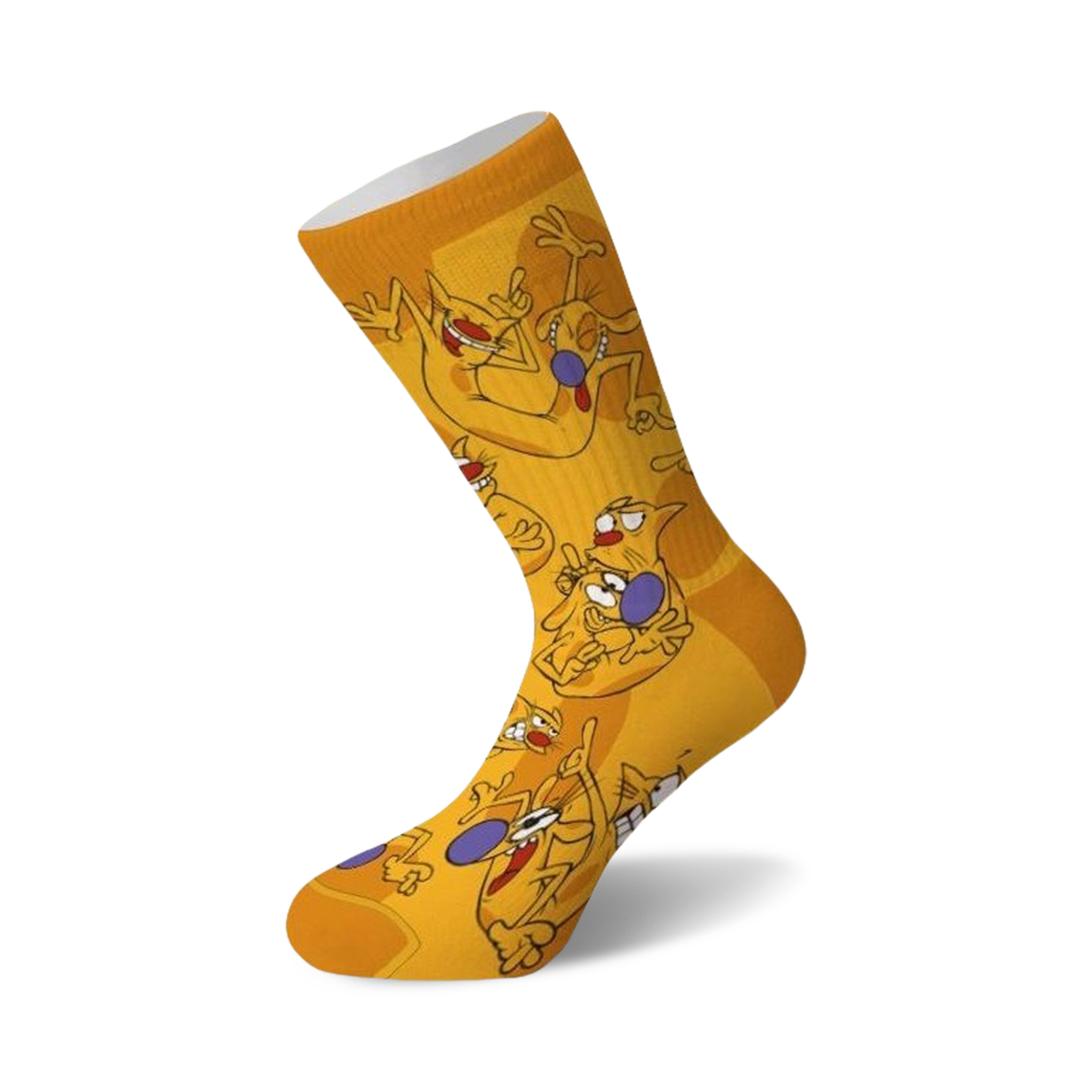 Crew socks, predominantly yellow, featuring an all-over print of Cat and Dog from the Nickelodeon cartoon.