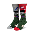Crew socks showing a cartoon pilot in green. One sock top is grey with lightning bolts, the other is red with stripes.  Toes and heels are grey and red.