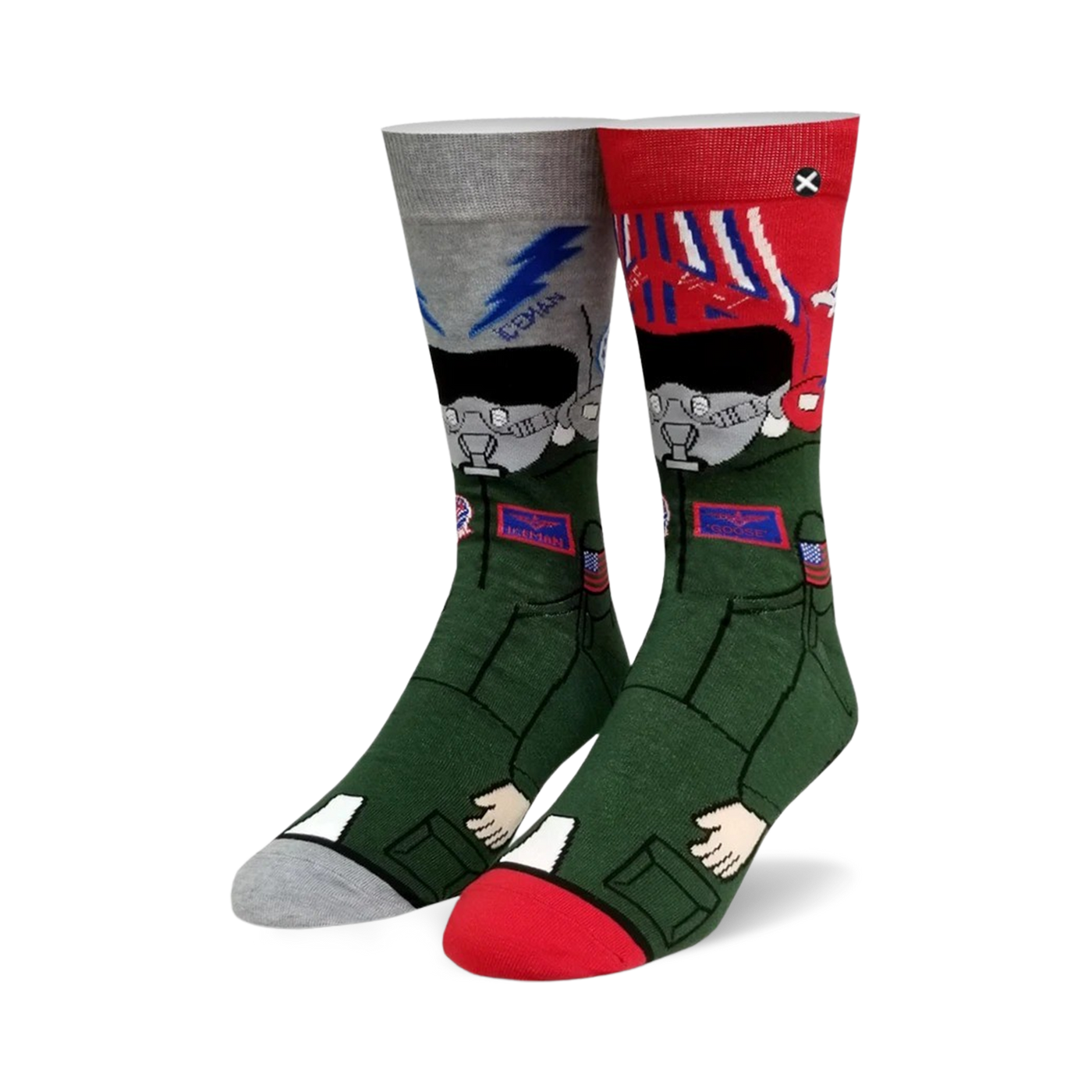 Crew socks showing a cartoon pilot in green. One sock top is grey with lightning bolts, the other is red with stripes.  Toes and heels are grey and red.