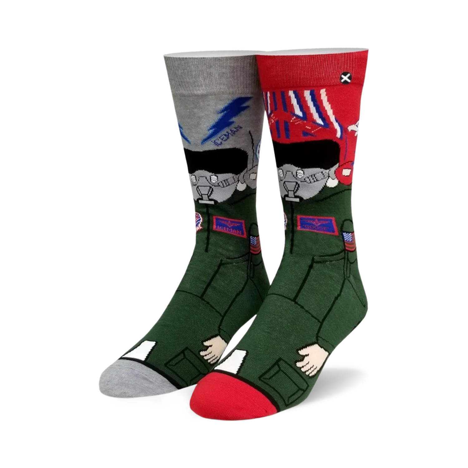 Crew socks showing a cartoon pilot in green. One sock top is grey with lightning bolts, the other is red with stripes.  Toes and heels are grey and red.